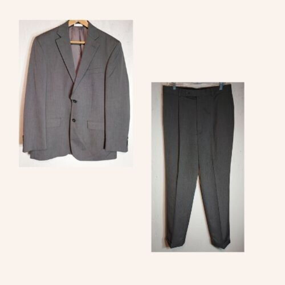 Geoffrey Beene Mens Two Piece Suit Charcoal Grey Pleated Cuffed Classic Fit